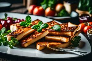 grilled bread sticks on a plate with vegetables. AI-Generated photo