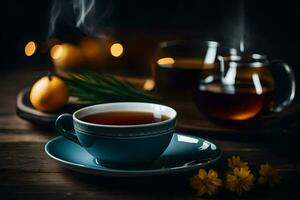 a cup of tea on a wooden table. AI-Generated photo