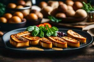 grilled bread with cheese and herbs on a black plate. AI-Generated photo