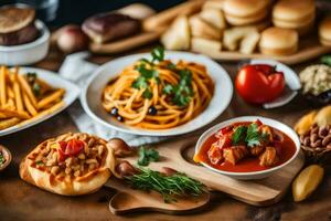 un mesa con varios comidas incluso pasta, un pan y vegetales. generado por ai foto