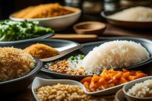 various types of rice and vegetables in bowls. AI-Generated photo