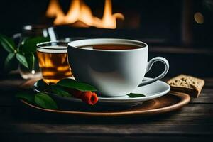 a cup of tea and a cup of coffee on a wooden table. AI-Generated photo