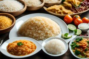 various types of rice dishes are arranged on a table. AI-Generated photo