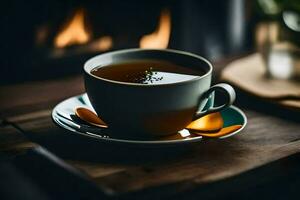 a cup of tea on a wooden table in front of a fireplace. AI-Generated photo