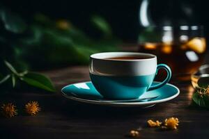 tea cup and saucer on wooden table. AI-Generated photo