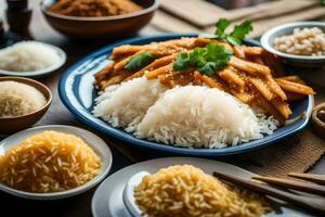 un plato de arroz, curry y otro ingredientes. generado por ai foto