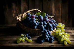grapes, basket, still life, fruit, the dark, hd wallpaper. AI-Generated photo