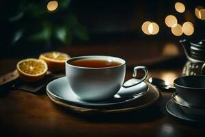 un taza de té y un rebanada de naranja en un de madera mesa. generado por ai foto