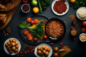 un variedad de comidas incluso frijoles, arroz, vegetales y un pan. generado por ai foto