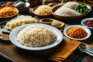 various types of rice on a wooden table. AI-Generated photo