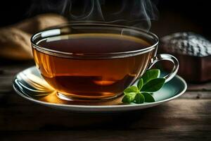 a cup of tea with a leaf on the side. AI-Generated photo