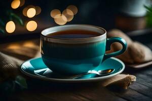 a cup of tea on a wooden table. AI-Generated photo