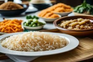 a plate of rice with vegetables and other dishes. AI-Generated photo