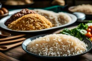 a table with various types of rice and vegetables. AI-Generated photo