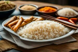 un plato de arroz, palillos y otro platos. generado por ai foto