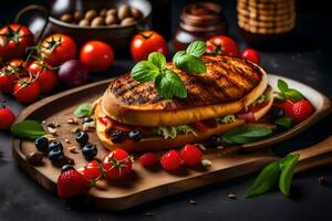 grilled sandwich with tomatoes, basil and other ingredients on a wooden board. AI-Generated photo