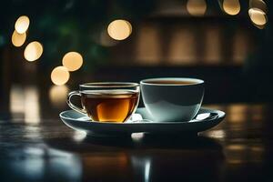 two cups of tea on a wooden table with bokeh lights. AI-Generated photo