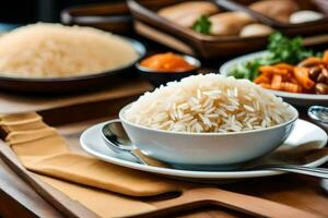 a table with rice, vegetables and other dishes. AI-Generated photo