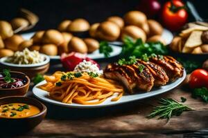 un mesa con comida y vegetales en él. generado por ai foto