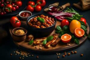 chicken and vegetables in a bowl on a dark background. AI-Generated photo