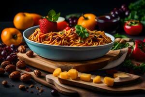 a bowl of pasta with vegetables and fruit on a cutting board. AI-Generated photo