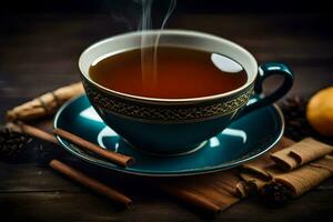 a cup of tea with cinnamon sticks and a lemon. AI-Generated photo