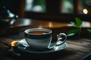 a cup of tea on a wooden table. AI-Generated photo