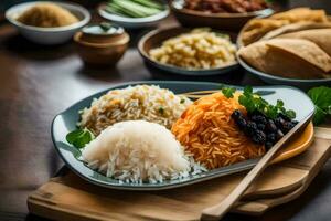 a plate of rice, meat and vegetables on a table. AI-Generated photo