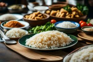 various bowls of rice and other dishes on a table. AI-Generated photo