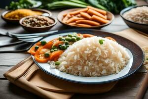 a plate of rice with vegetables and other ingredients. AI-Generated photo