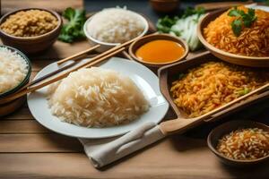 various types of rice and chopsticks on a wooden table. AI-Generated photo