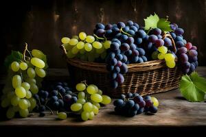 uvas en un cesta en un de madera mesa. generado por ai foto