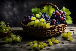 grapes in a basket on a dark background. AI-Generated photo