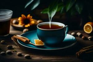 a cup of tea with orange slices and cinnamon sticks. AI-Generated photo