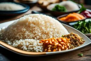 a plate of rice, vegetables and other foods. AI-Generated photo