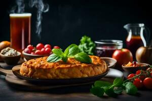 a pie with vegetables and other ingredients on a table. AI-Generated photo