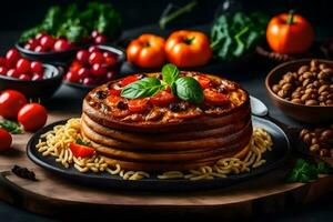 a stack of pancakes with tomatoes and basil on a black plate. AI-Generated photo