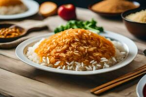 un plato de arroz con palillos y otro ingredientes. generado por ai foto