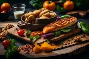 grilled salmon on a wooden board with vegetables and nuts. AI-Generated photo