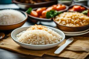 a table with bowls of rice, vegetables and other foods. AI-Generated photo