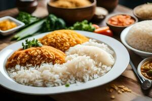a variety of rice dishes are arranged on a table. AI-Generated photo