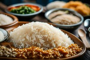 various types of rice and other foods on a wooden table. AI-Generated photo