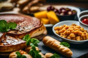 comidas en un mesa con pan, queso y otro alimentos generado por ai foto