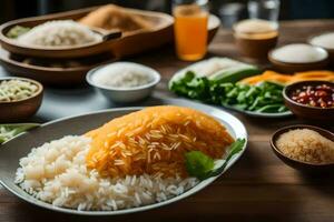 various dishes of rice, vegetables and other ingredients. AI-Generated photo