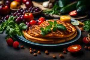 grilled bread with vegetables and fruits on a dark background. AI-Generated photo