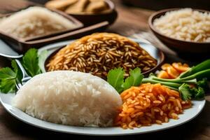 various types of rice on a plate. AI-Generated photo