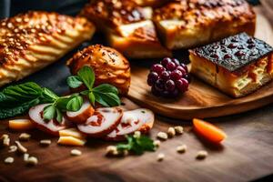 assorted food on a wooden cutting board. AI-Generated photo