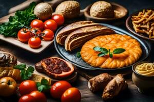 various foods including bread, cheese, tomatoes and other ingredients. AI-Generated photo