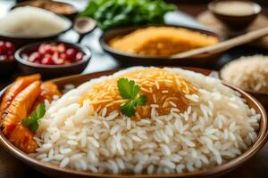 a bowl of rice with vegetables and spices. AI-Generated photo