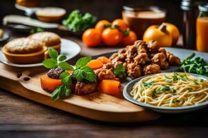 a wooden cutting board with pasta, vegetables and bread. AI-Generated photo